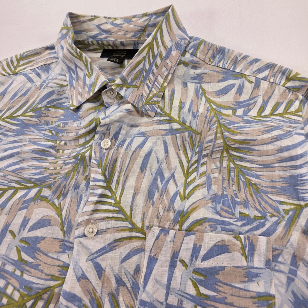 Club Room Luxury Mens Large 100% Linen Tropical Palm Leaf Button Down Shirt